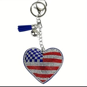 American/USA Flag Rhinestone Heart Keychain/Bag 🎒👜 Charm ~ Military, Veterans